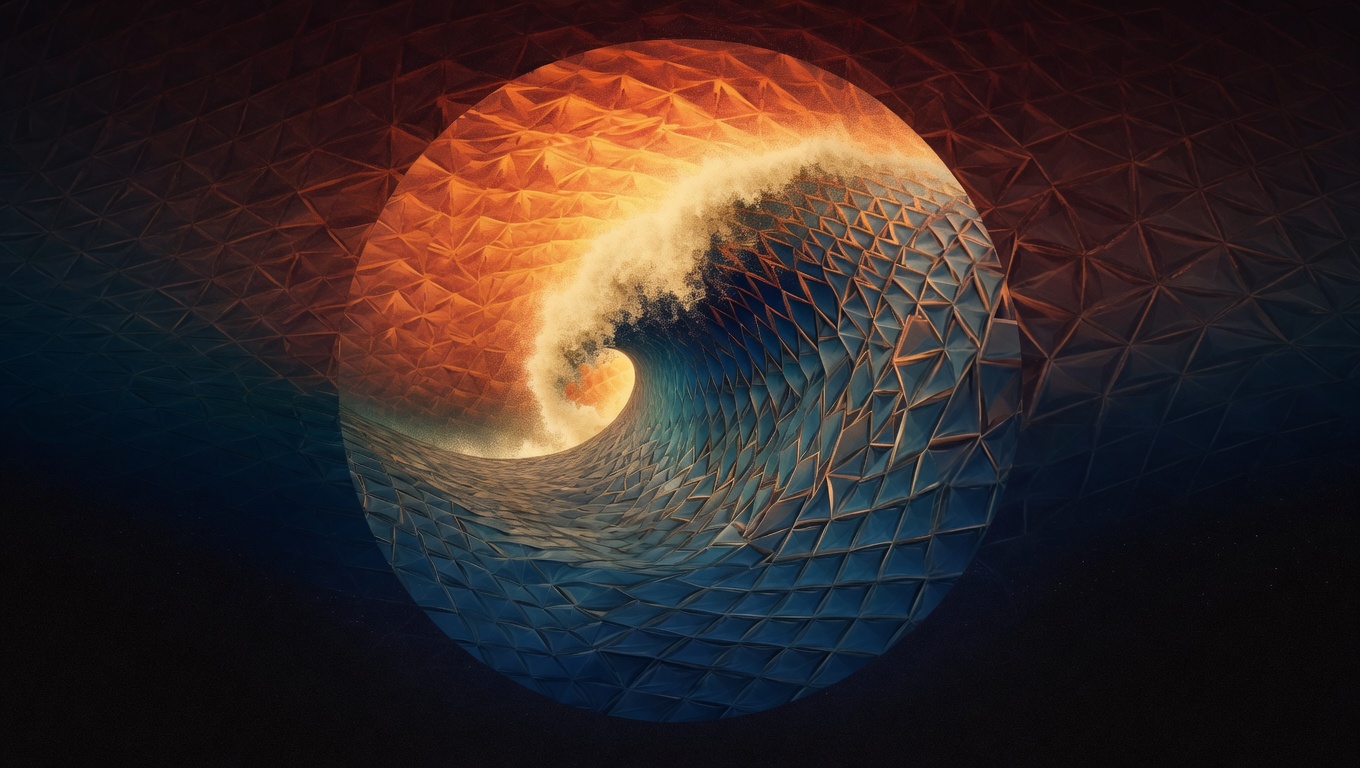 Sculptural ocean wave inside a warm circular form