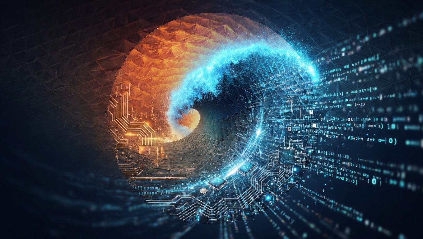 Digital ocean wave merging into luminous code and circuitry