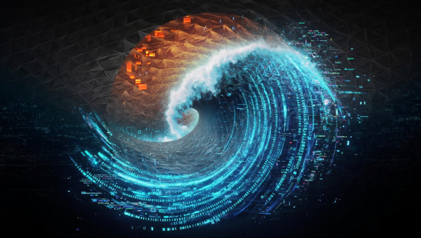 Luminous digital wave made of code and circuitry