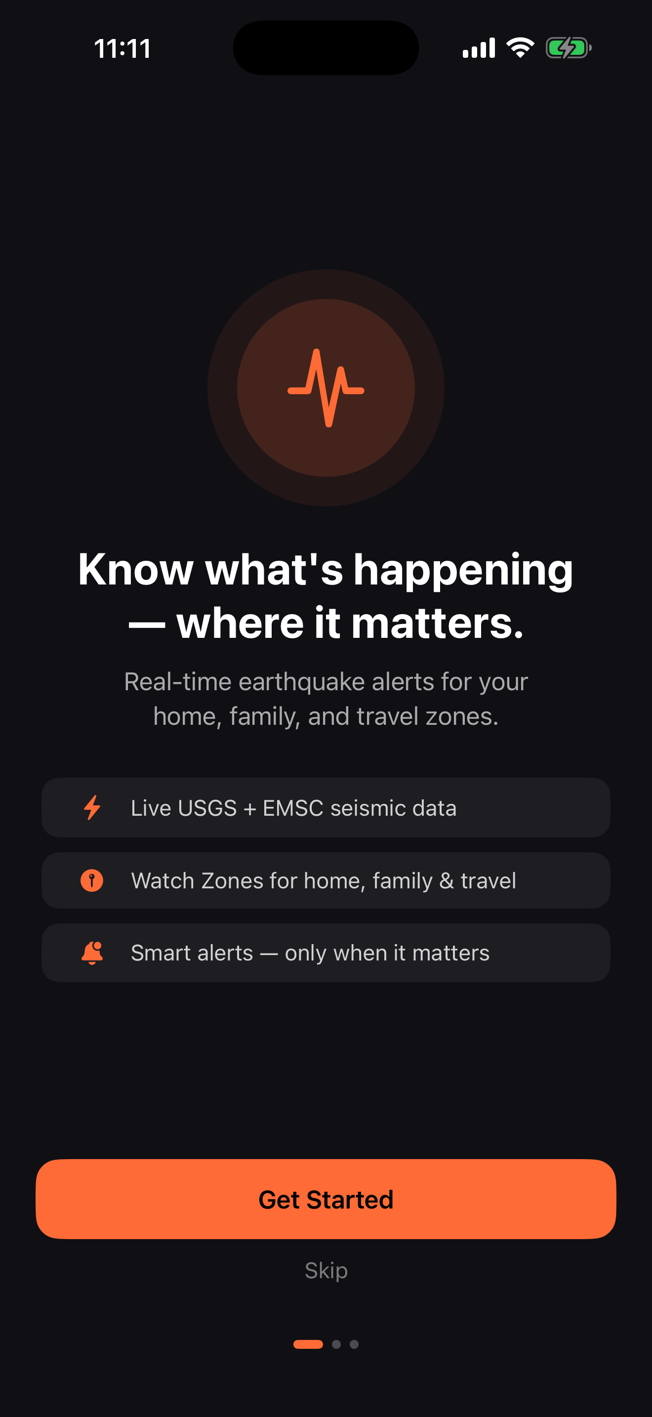 TerraSignal onboarding screen with pulse icon and feature list