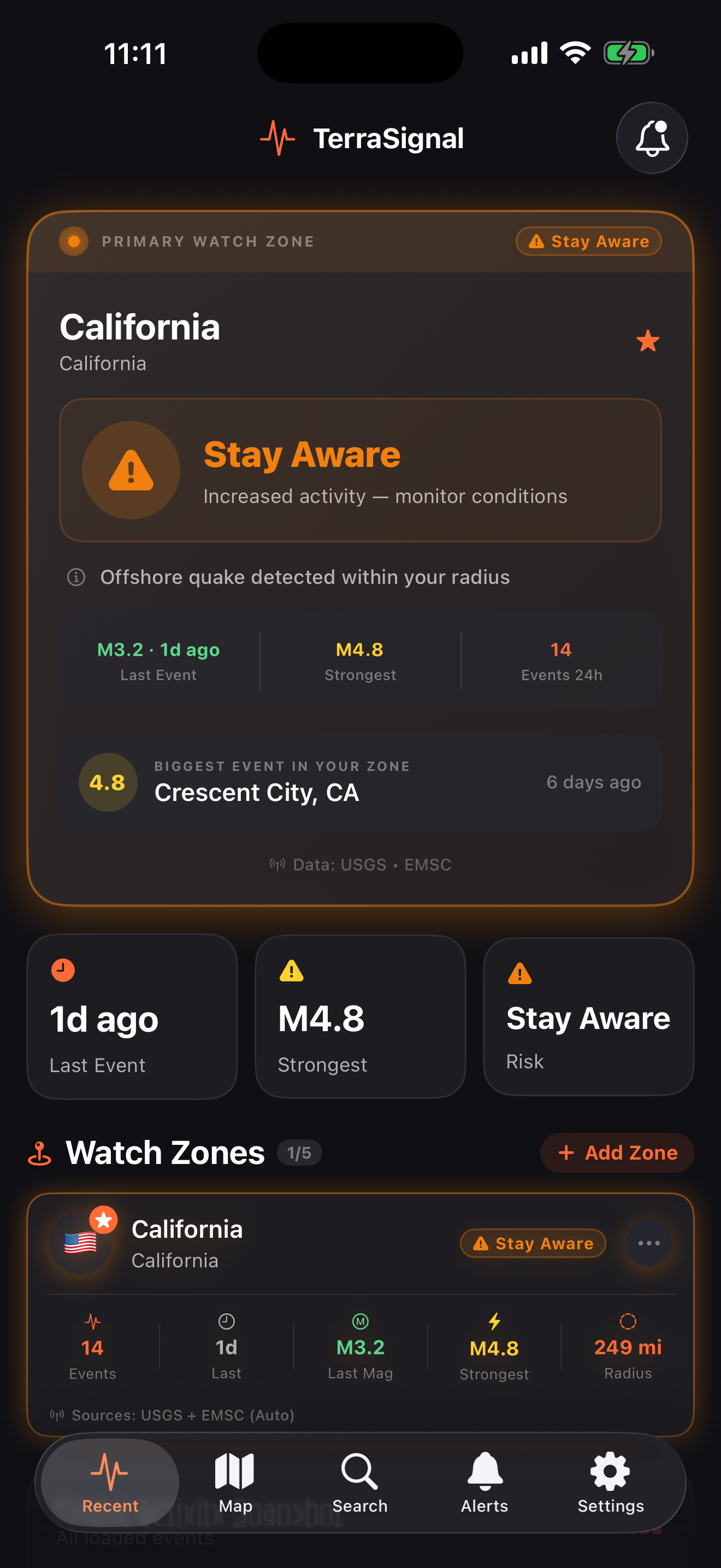 Primary Watch Zone dashboard showing California status, recent events, and watch zone list