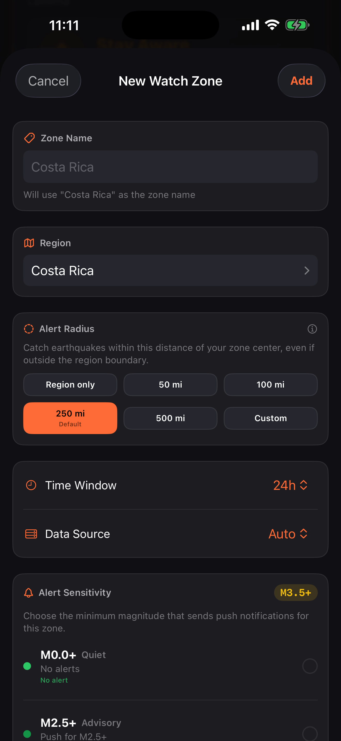 New Watch Zone form with zone name, region selector, and alert radius options