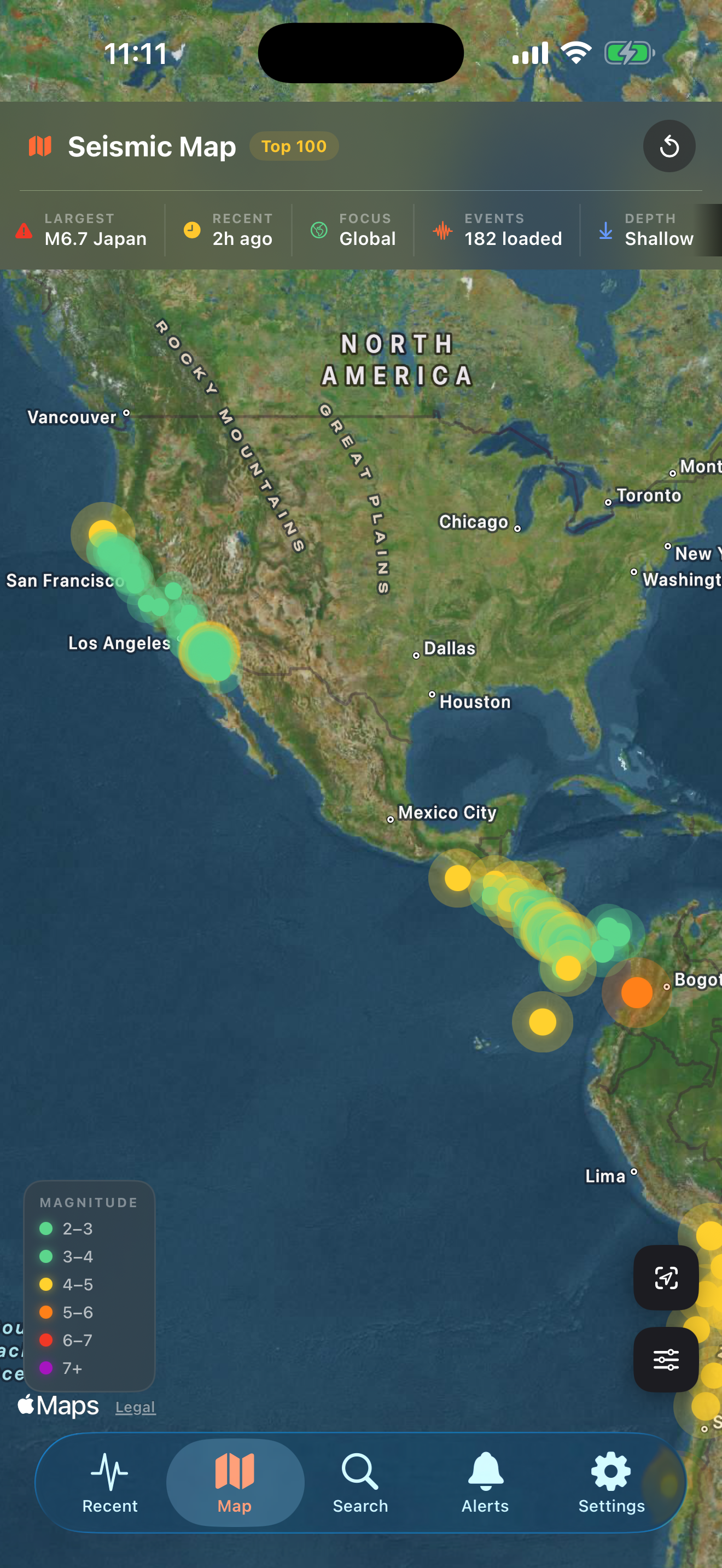 Seismic map showing color-coded earthquakes across the Pacific Rim with magnitude legend