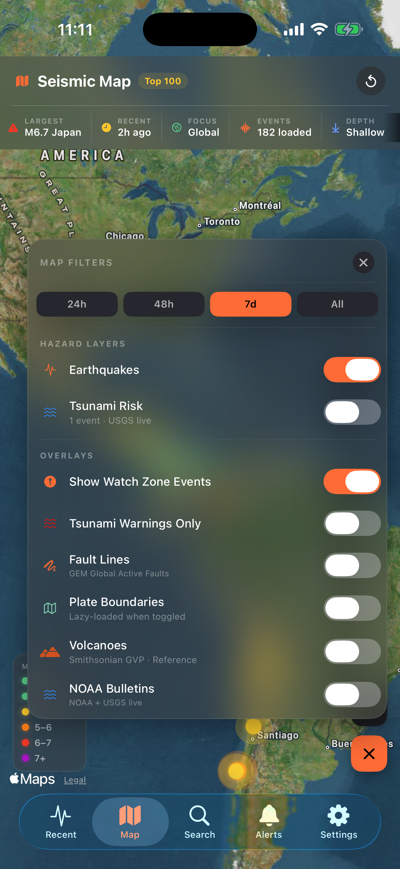 Map filters panel showing time window options and hazard layer toggles
