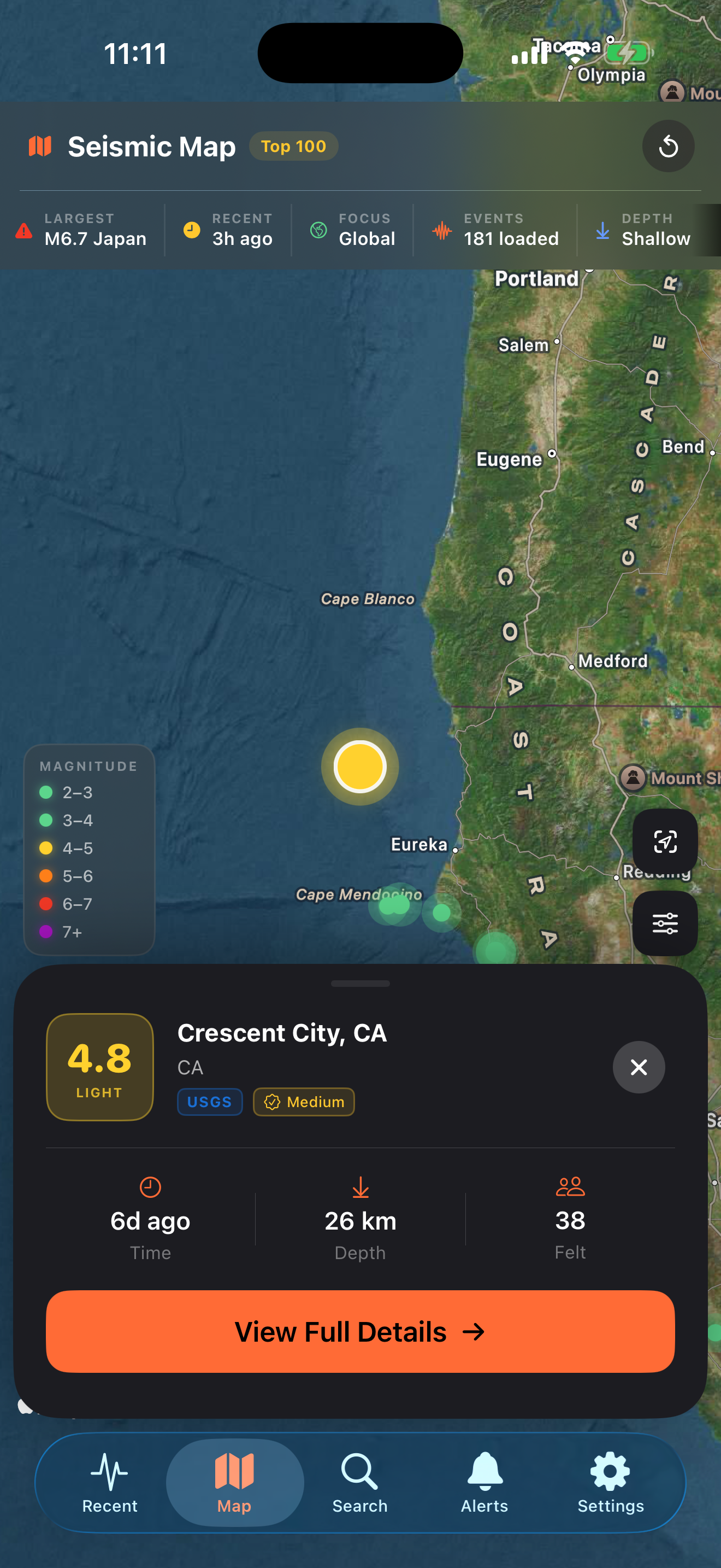 Event peek card sliding up over the map with magnitude, source, time, depth, and felt reports