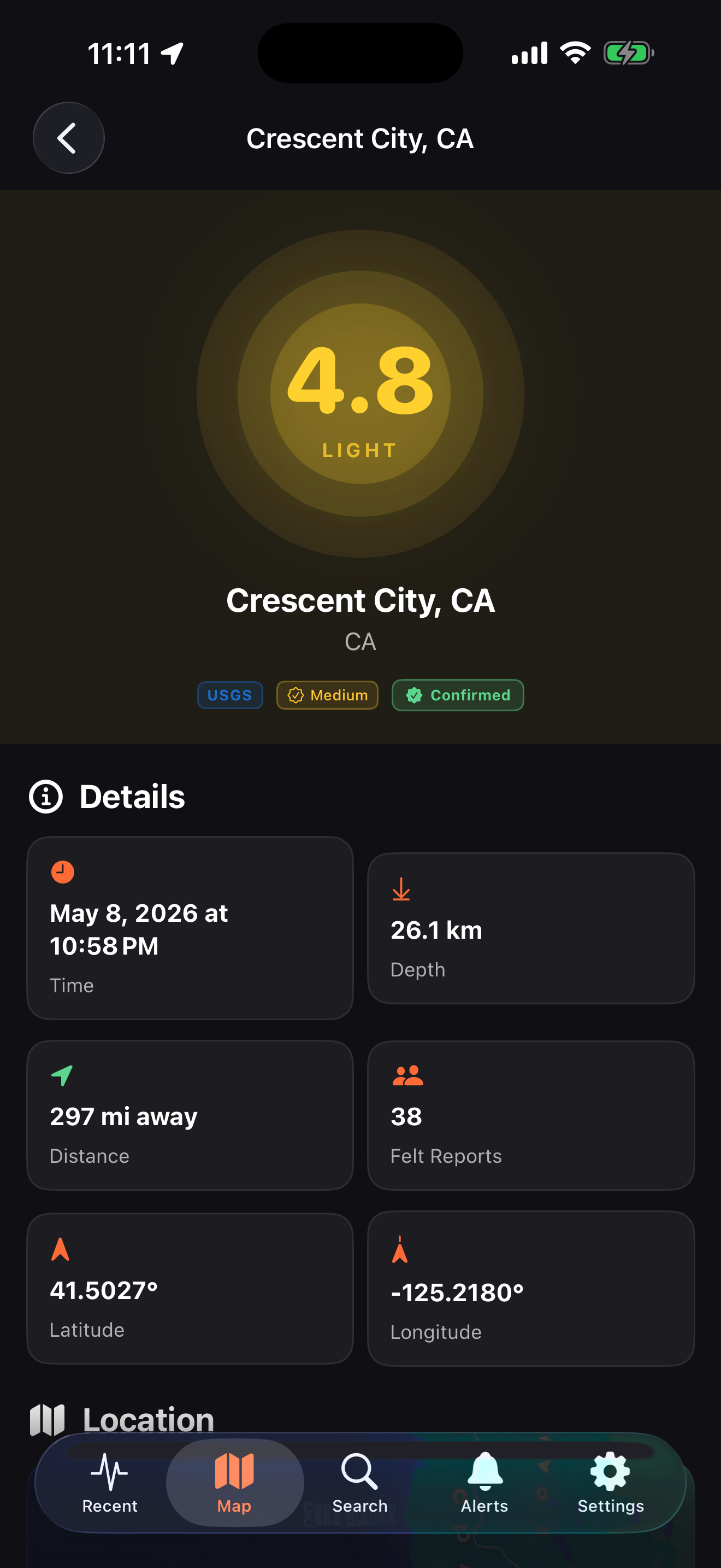 Full event detail showing magnitude 4.8 light, USGS confirmed, and detail grid
