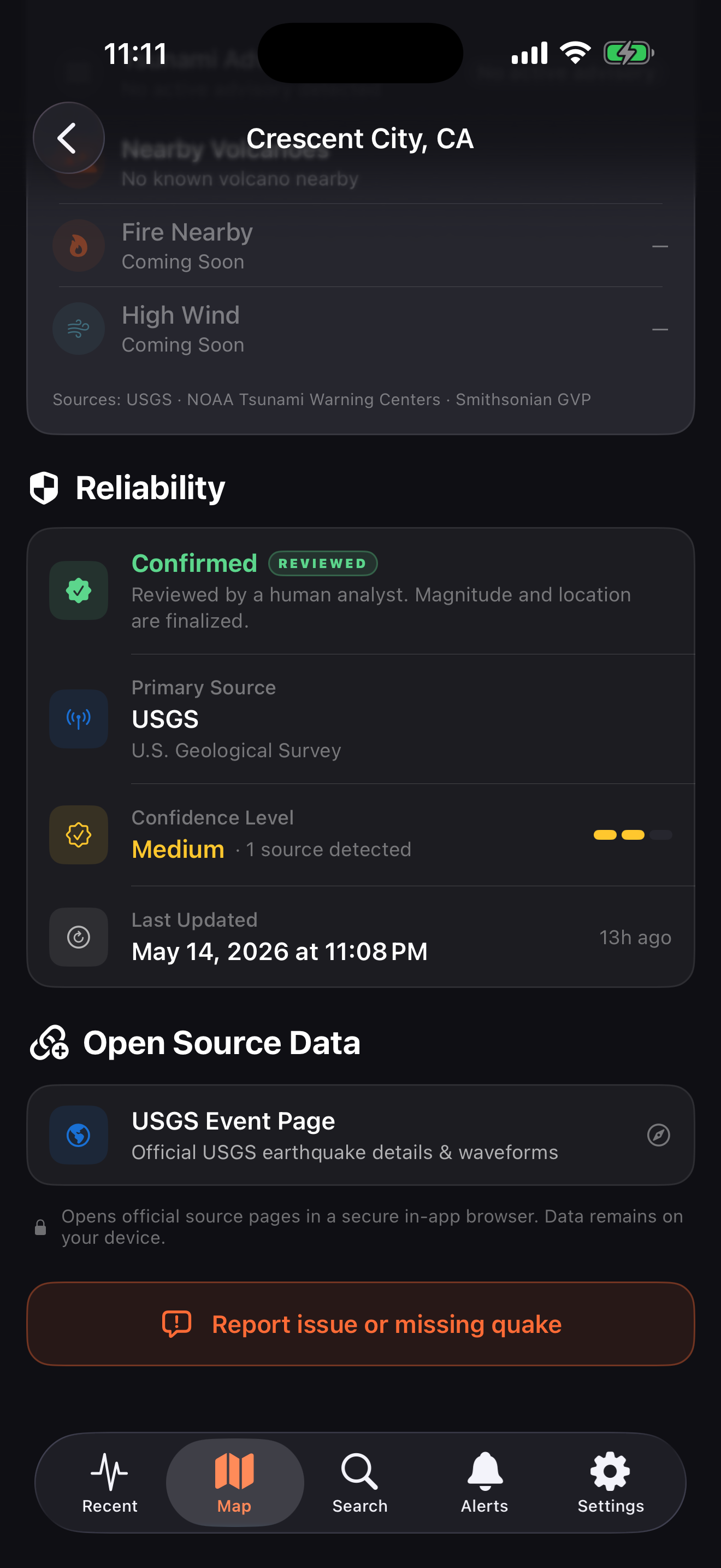 Reliability section with confirmed reviewed status, USGS primary source, and open source data link