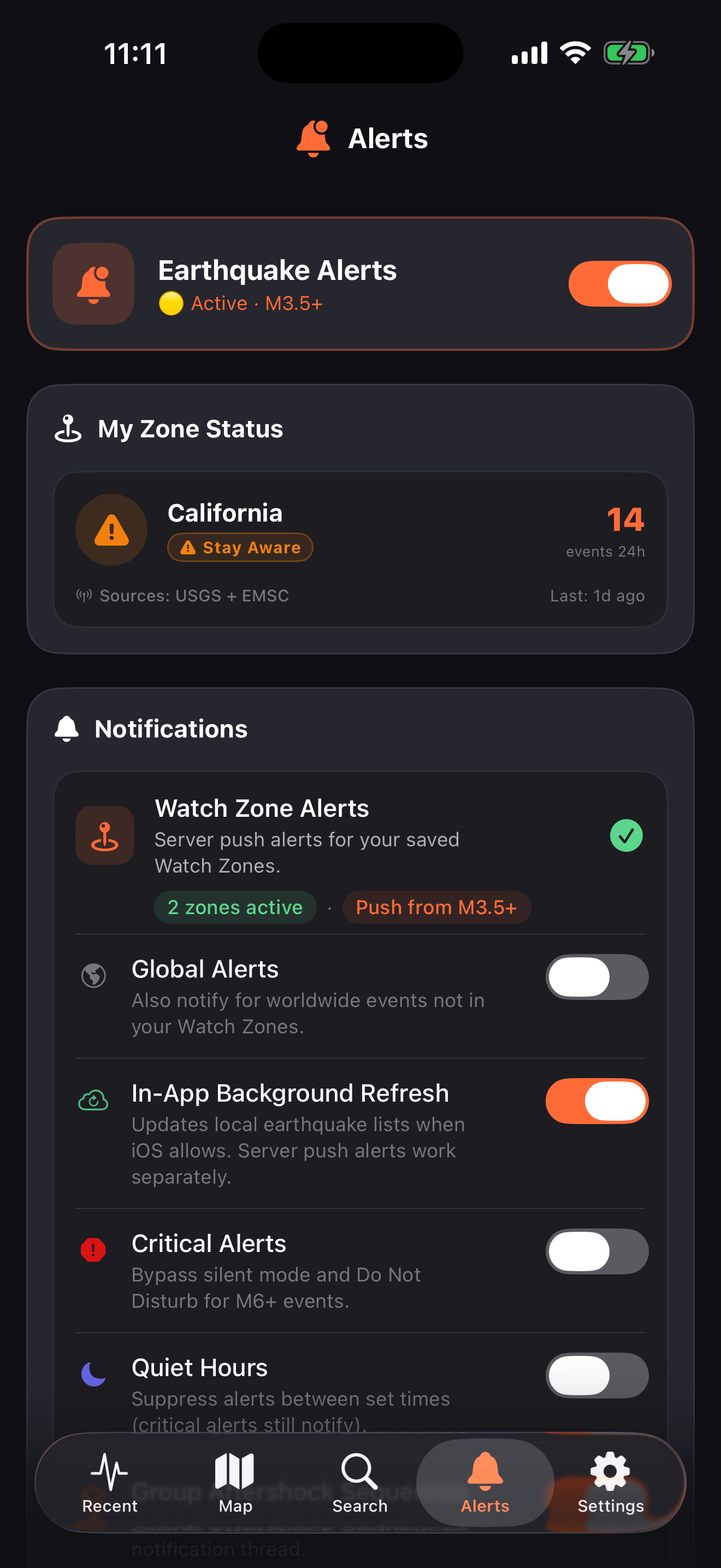 Alerts screen with earthquake alerts toggle, zone status card, and notification preferences