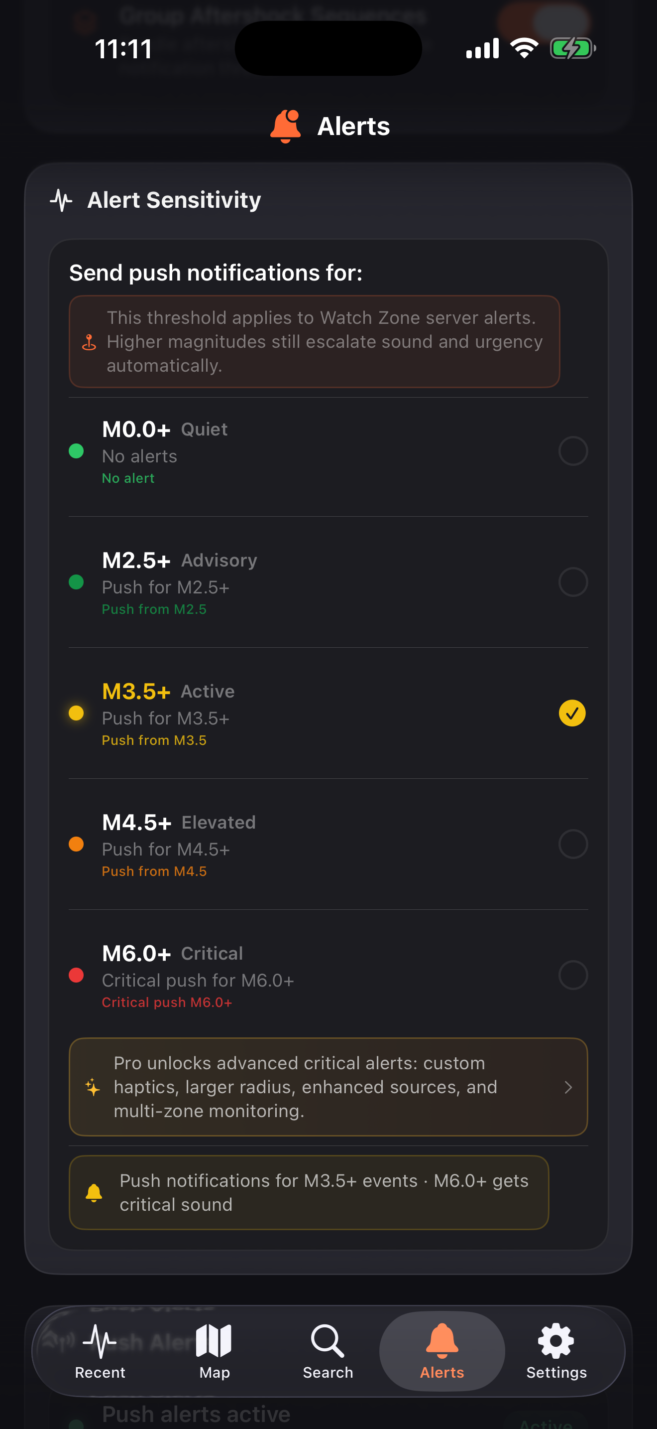 Alert sensitivity picker explaining the magnitude threshold for push notifications