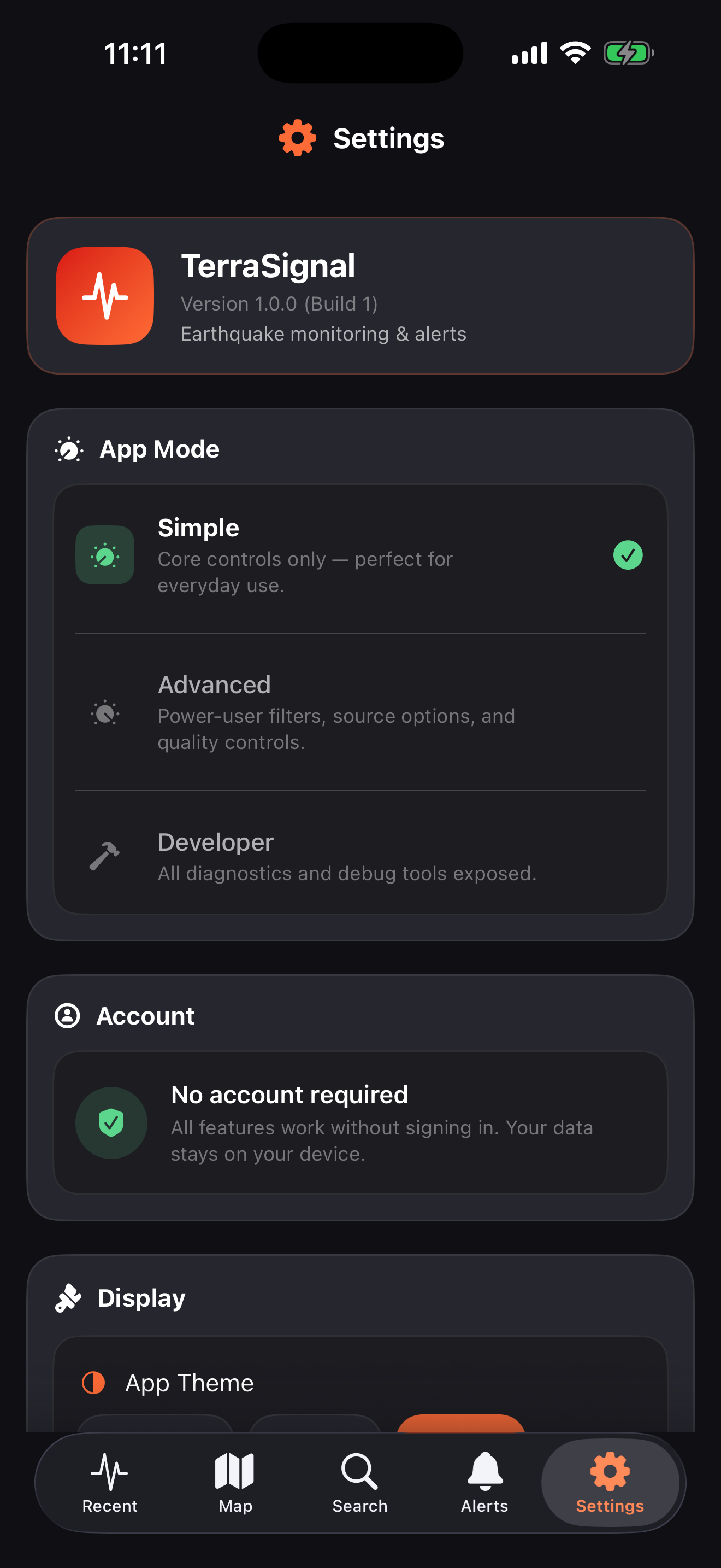 Settings screen with app mode selector and no-account-required privacy card