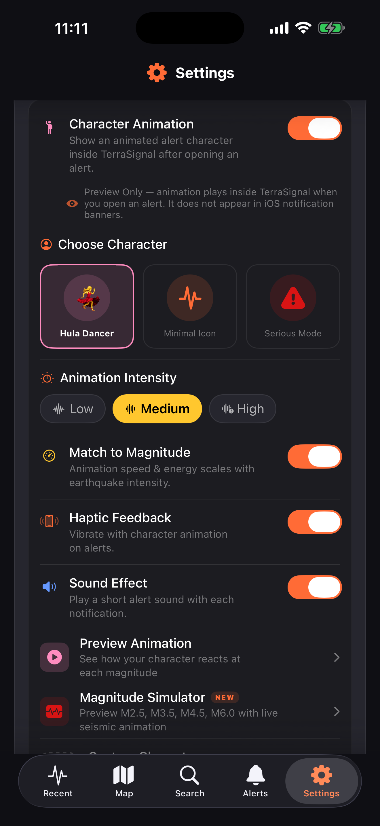 Character animation settings with character picker, intensity, match to magnitude, haptics, and sound