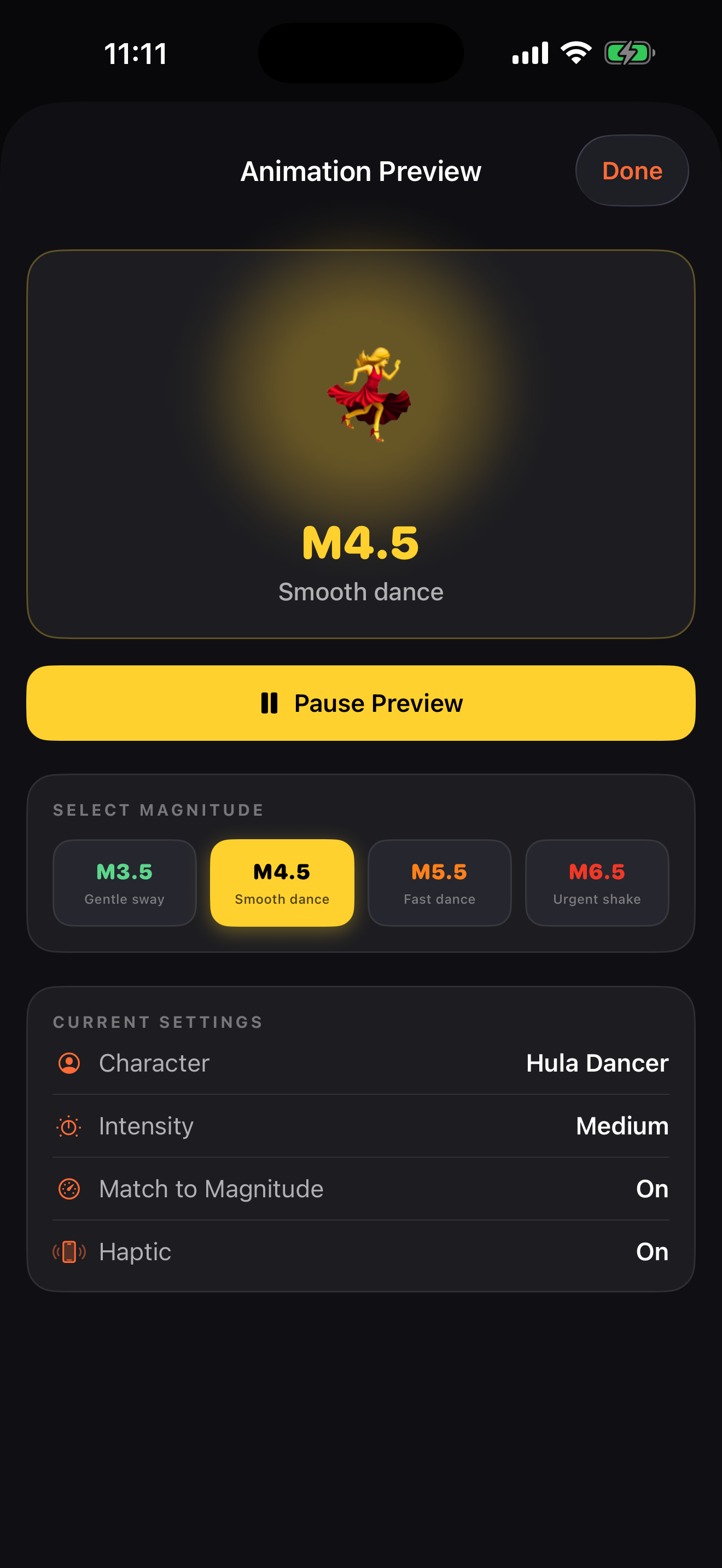 Animation preview at magnitude 4.5 showing smooth dance behavior