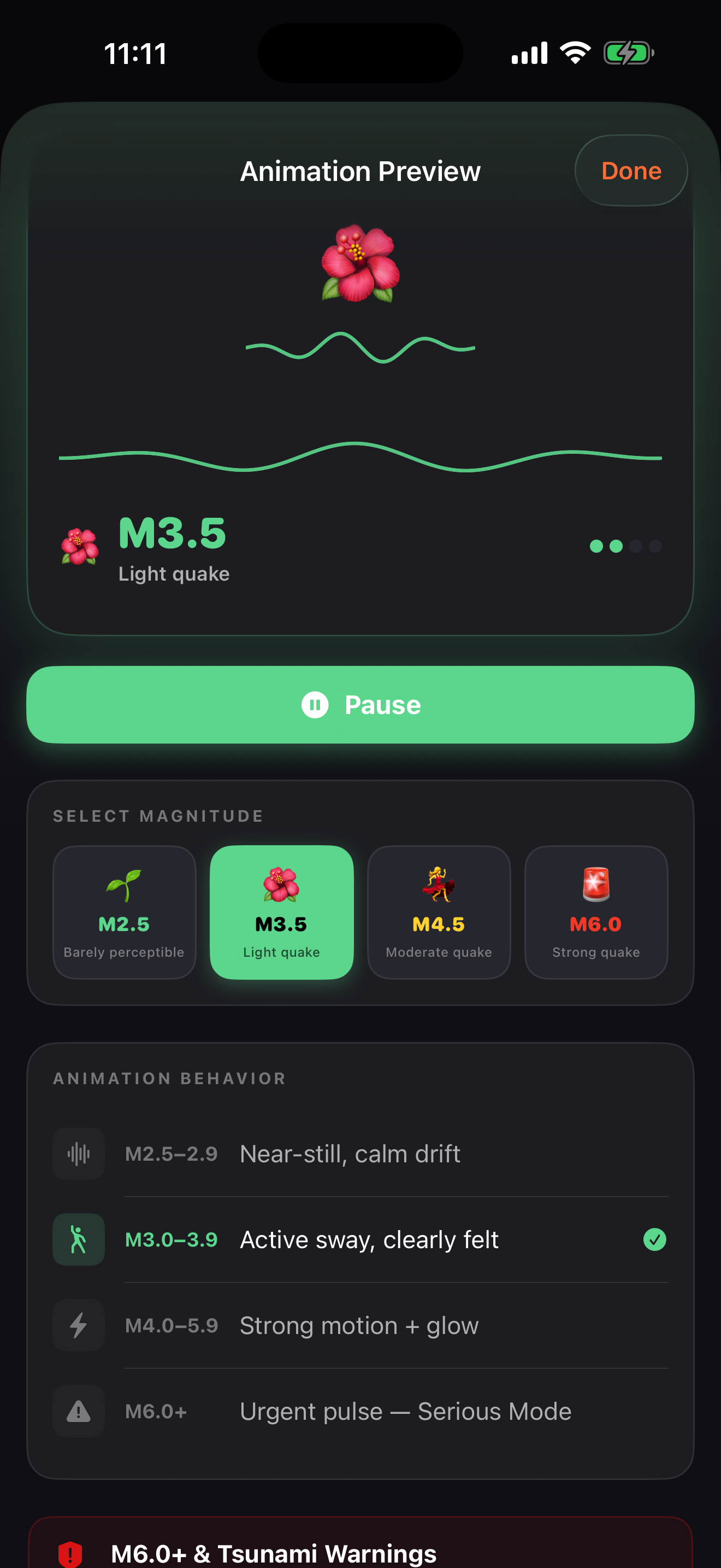 Animation preview at magnitude 3.5 showing light quake with hibiscus icon and wave motion